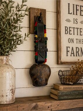RARE Vintage Swiss cowbell.  Leather collar with fun accents!
